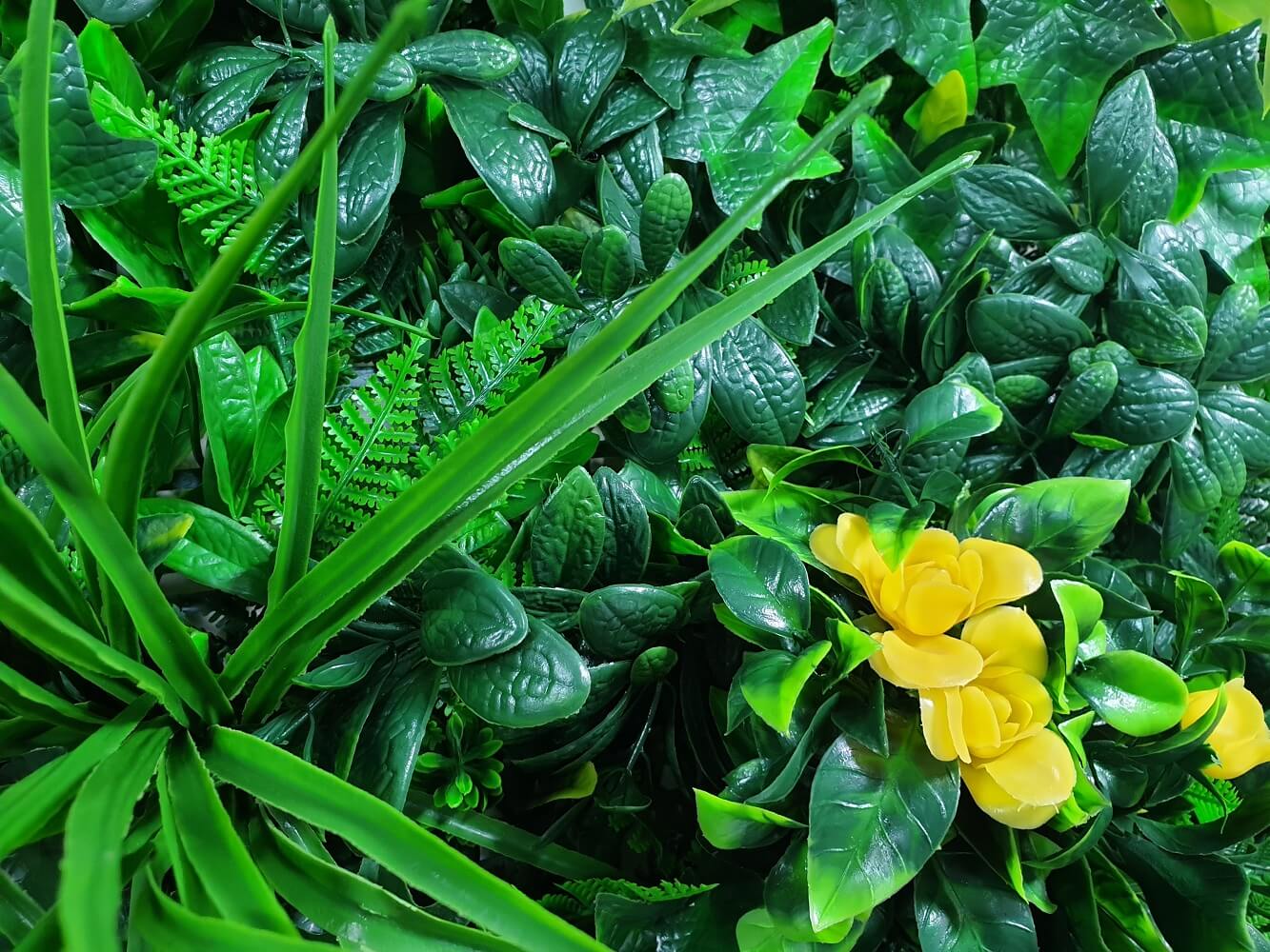 A vibrant Yellow Rose Vertical Garden sample featuring lush green foliage and bright yellow roses, perfect for enhancing any wall or space.