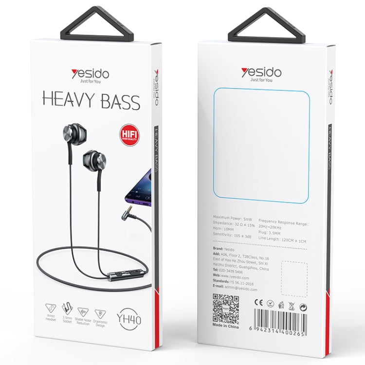 Yesido YH40 wired earphones with 3.5mm plug, featuring a braided cable and built-in microphone for high-fidelity sound.