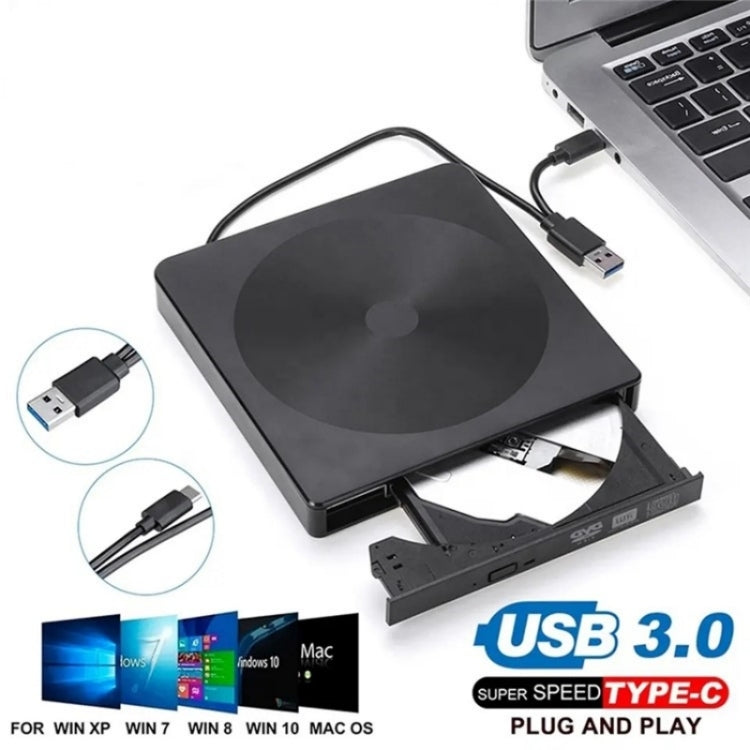 YJ895 High Speed DVD Burner with Type-C connection, showcasing its sleek design and compact size, ideal for laptops and desktops.