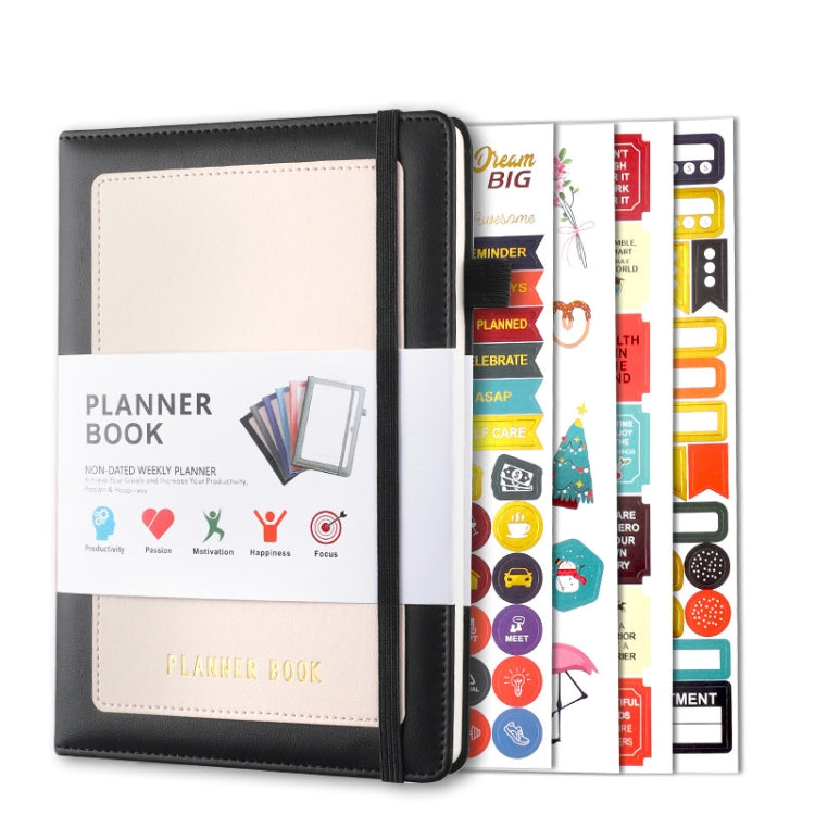 YMX-018 A5 Weekly Plan Monthly Plan Book with elastic strap and smooth paper, featuring a stylish PU cover and three-color bookmarks.