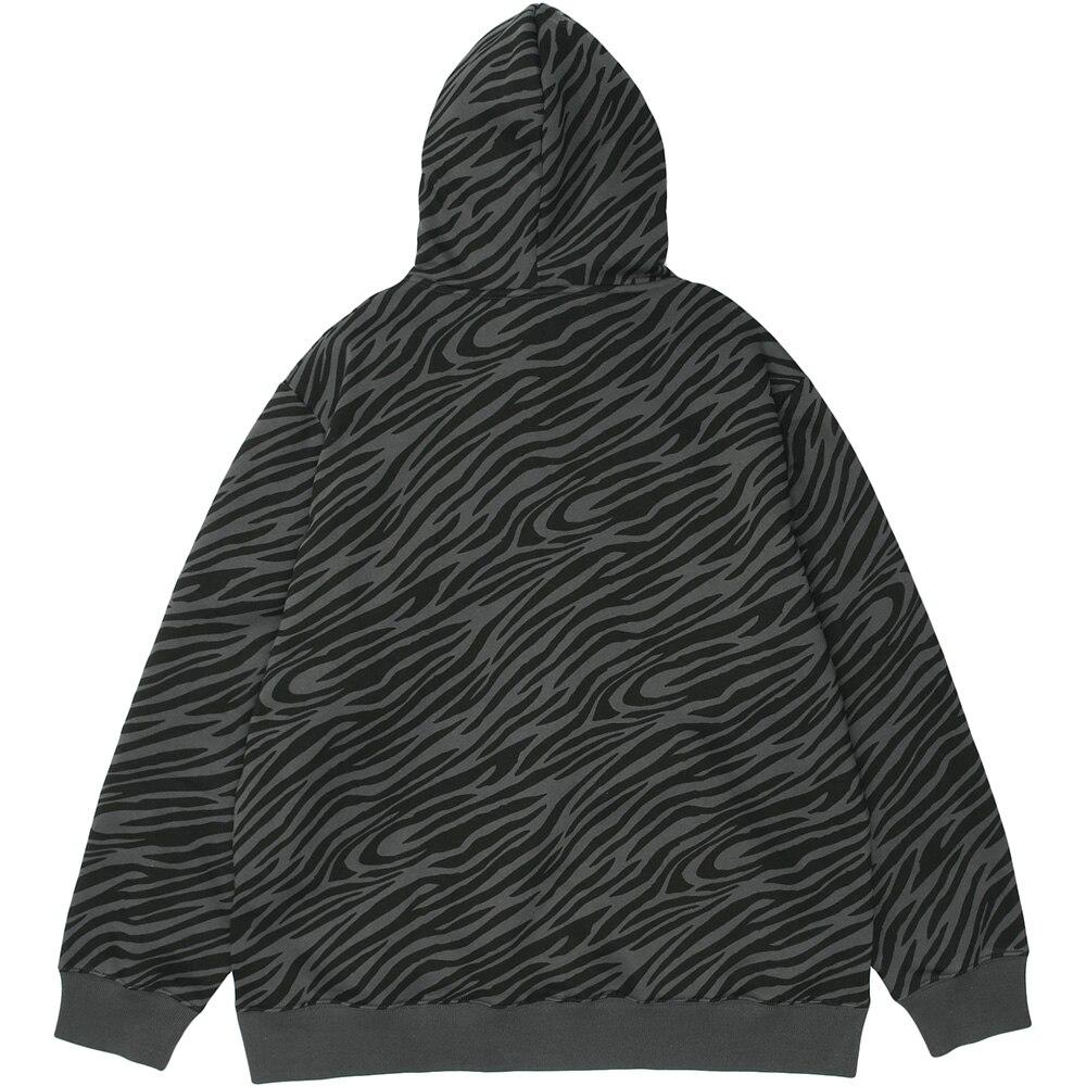 Men's zebra striped furry cartoon bear printed hoodie in light gray and dark gray, showcasing a playful design and cozy fleece material.