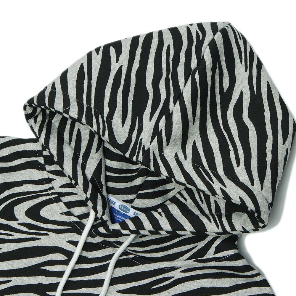 Men's zebra striped furry cartoon bear printed hoodie in light gray and dark gray, showcasing a playful design and cozy fleece material.