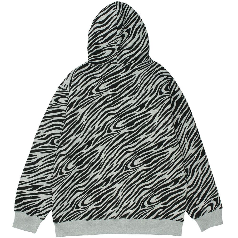 Men's zebra striped furry cartoon bear printed hoodie in light gray and dark gray, showcasing a playful design and cozy fleece material.