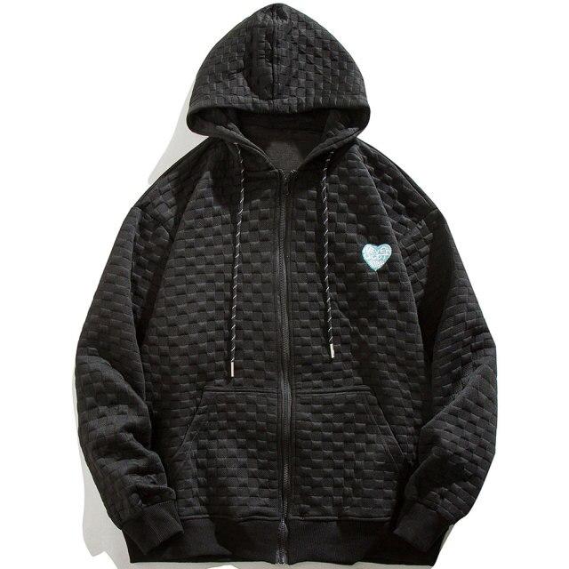 Men's zipper hoodie featuring heart embroidery and plaid design, perfect for autumn casual wear.