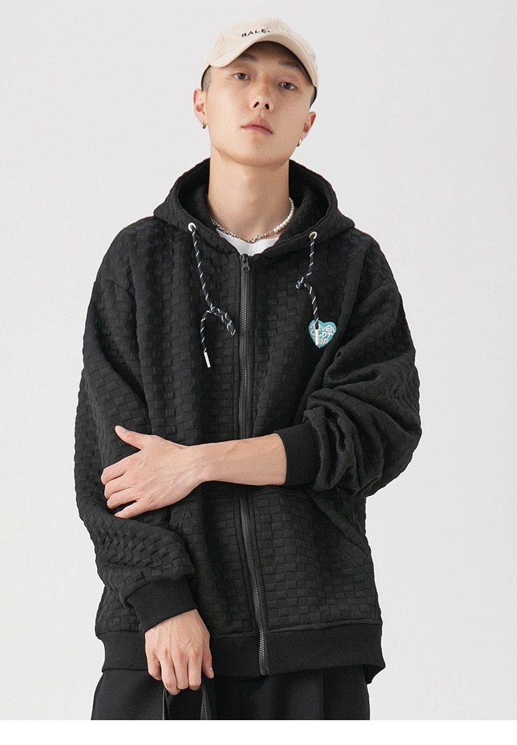 Men's zipper hoodie featuring heart embroidery and plaid design, perfect for autumn casual wear.