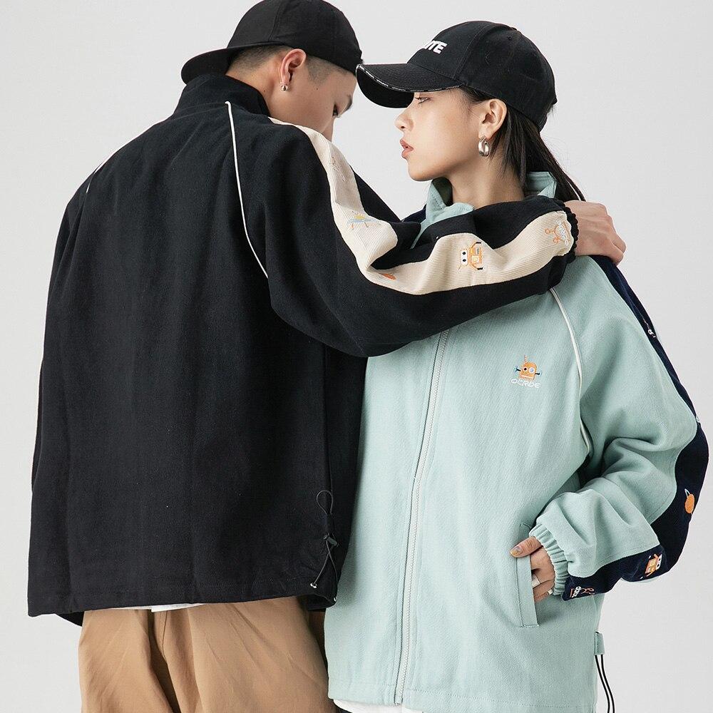 Zipper jacket for men featuring robot embroidery and patchwork design, perfect for couples in autumn streetwear.