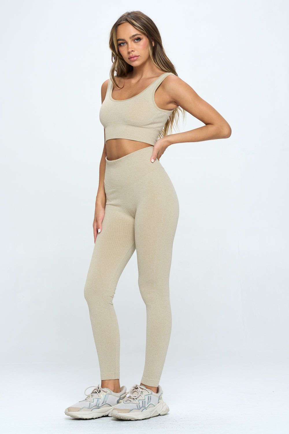 A stylish 2 Piece Seamless Ribbed Set featuring a high-waisted cropped top and matching bottoms in multiple colors, perfect for workouts and casual wear.