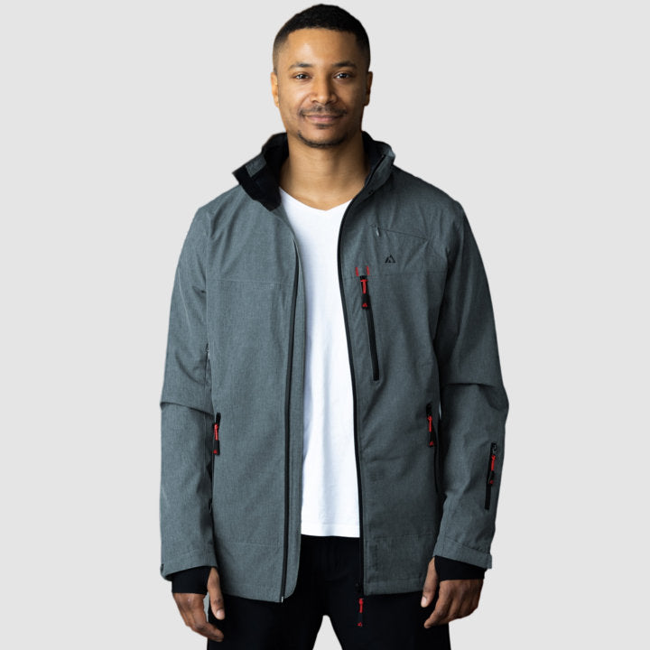 Adventure 2.0 Men Gray jacket featuring multiple pockets, waterproof fabric, and stylish design, ideal for outdoor activities.