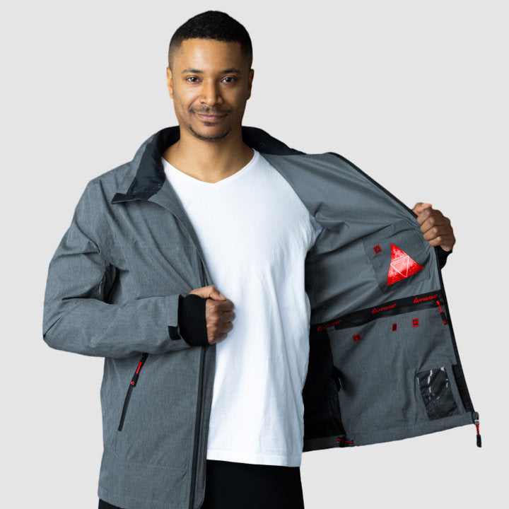 Adventure 2.0 Men Gray jacket featuring multiple pockets, waterproof fabric, and stylish design, ideal for outdoor activities.