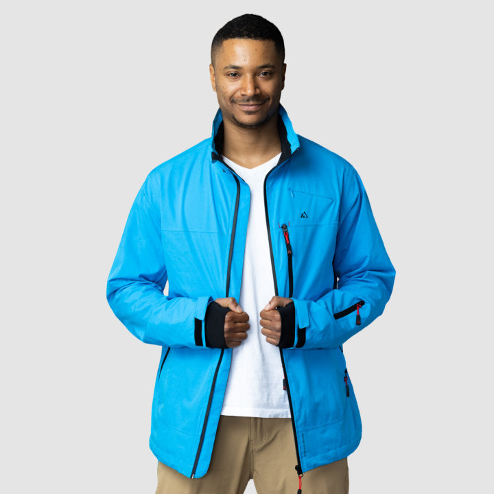 Adventure 2.0 Men Light Blue jacket featuring multiple pockets and eco-friendly materials, perfect for outdoor activities.