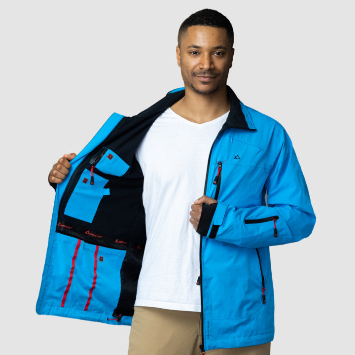 Adventure 2.0 Men Light Blue jacket featuring multiple pockets and eco-friendly materials, perfect for outdoor activities.