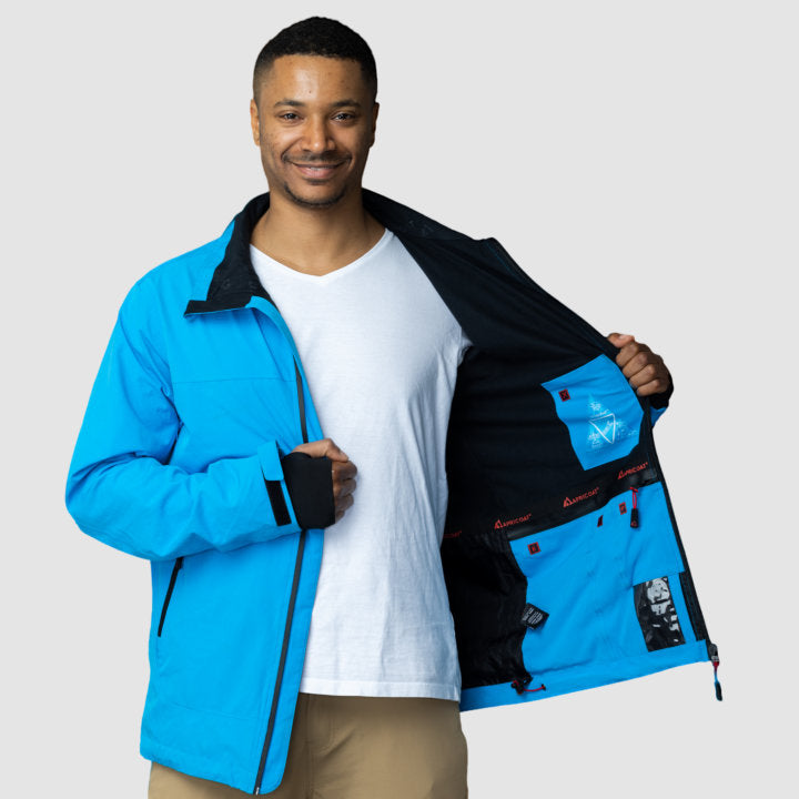 Adventure 2.0 Men Light Blue jacket featuring multiple pockets and eco-friendly materials, perfect for outdoor activities.