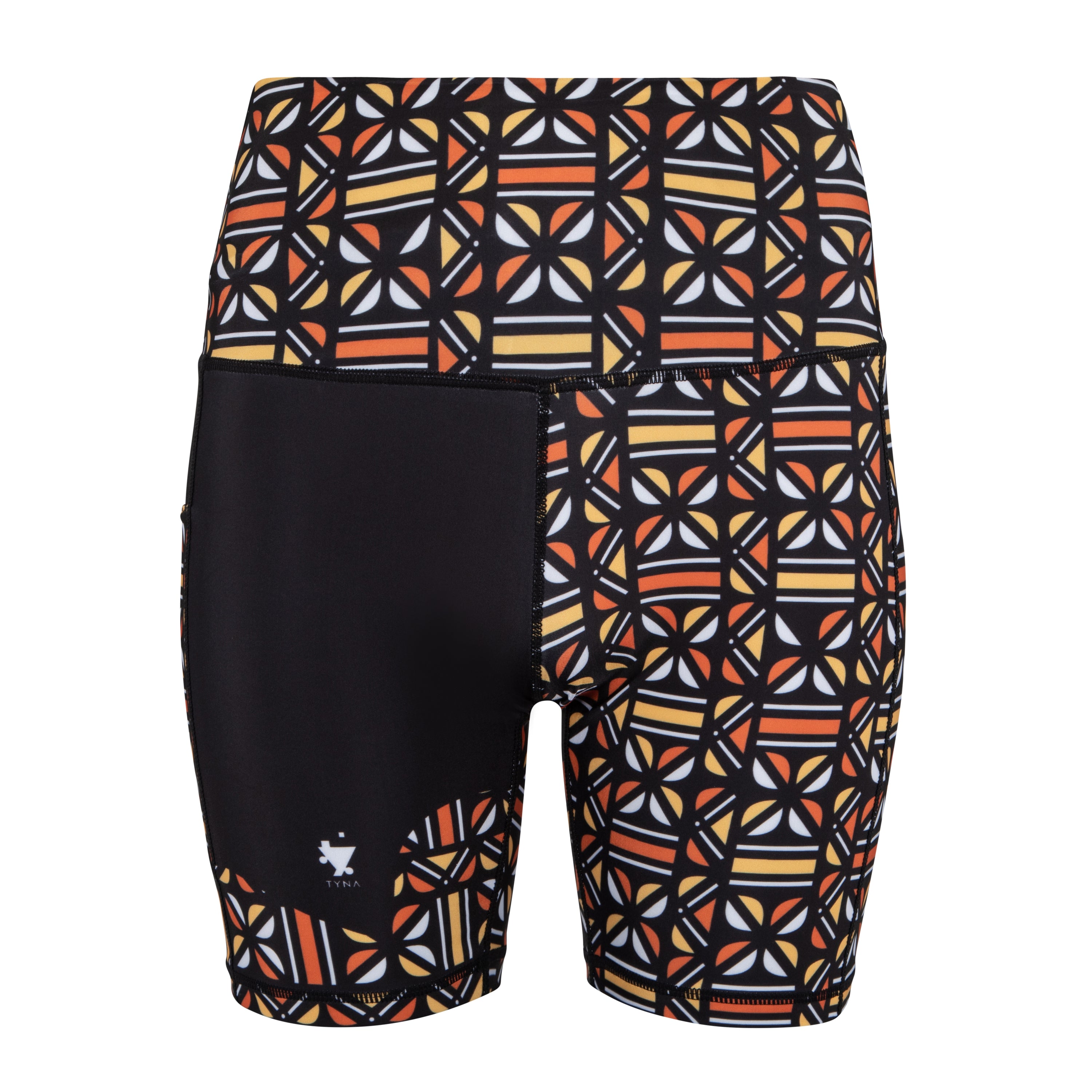 Adyre High Rise Biker Shorts featuring a vibrant Batik pattern, high waist design, and side pocket for phone storage.