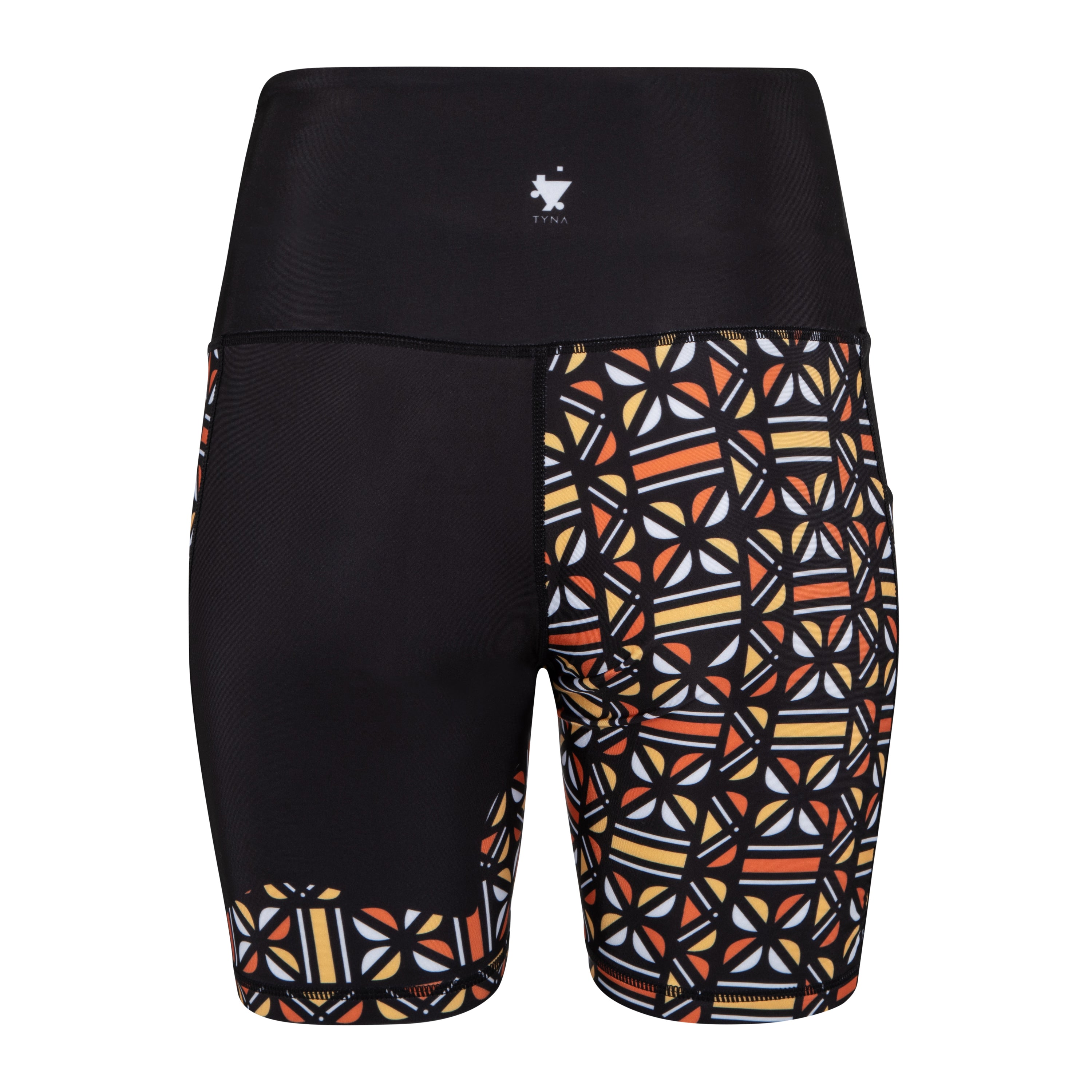 Adyre High Rise Biker Shorts featuring a vibrant Batik pattern, high waist design, and side pocket for phone storage.