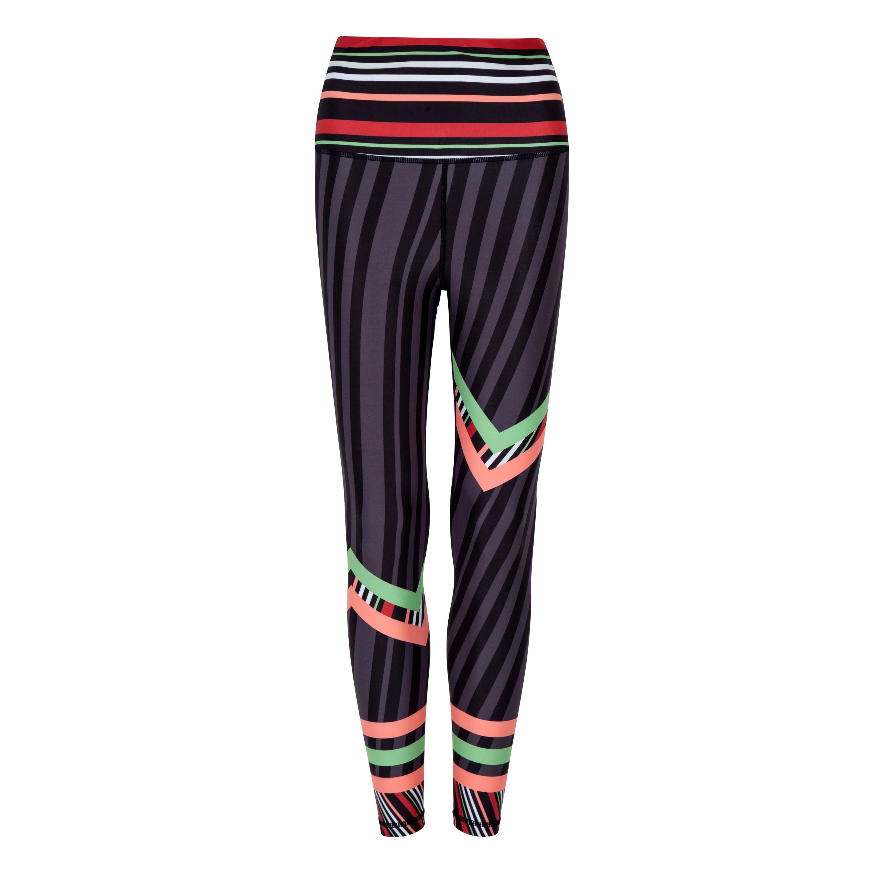 Aso-Oke Splash Leggings featuring dark base with colorful chevrons, showcasing unique Aso-Oke stripes and a comfortable waistband with pocket.