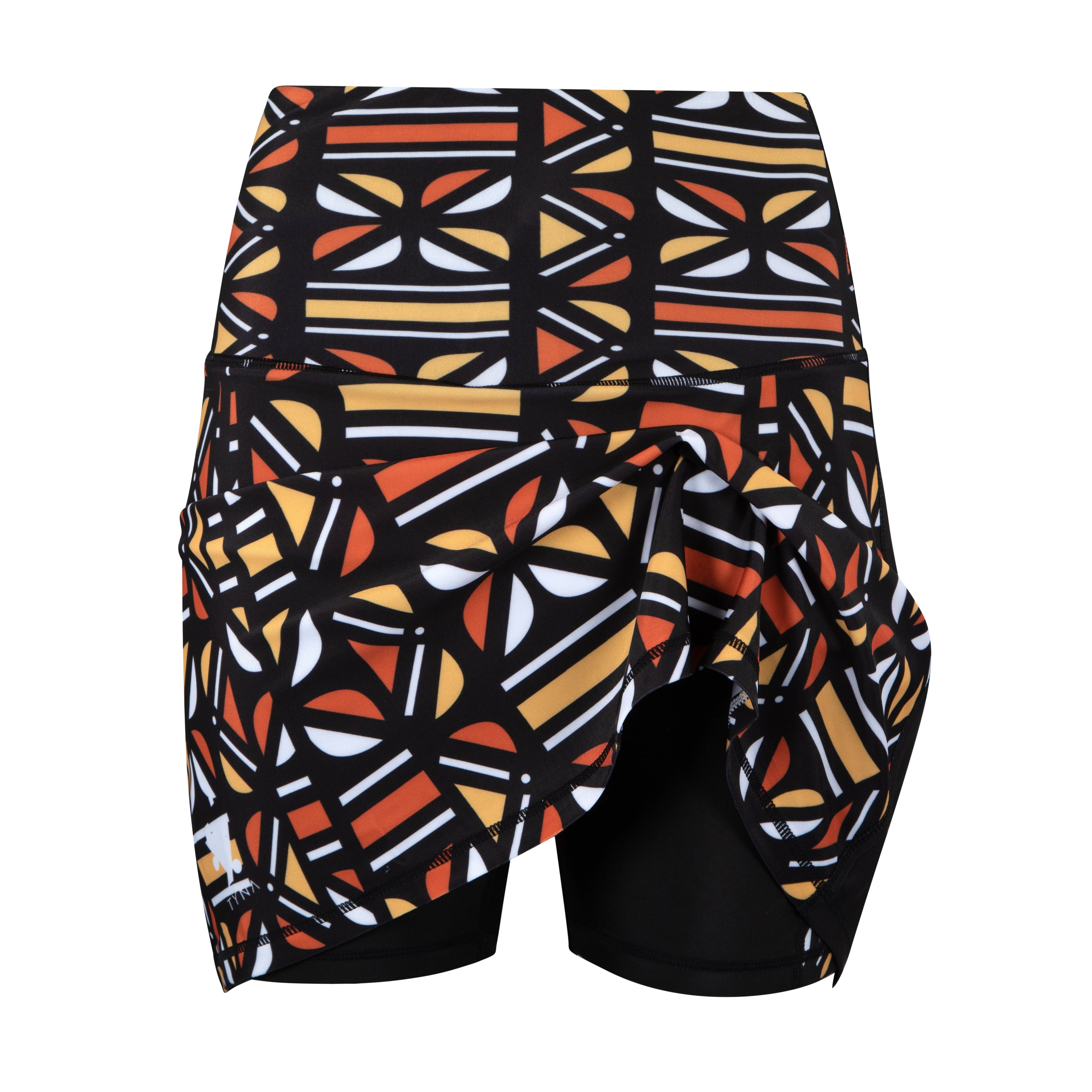 Batiq High Rise Tennis Skort featuring vibrant Batik print and compressive biker shorts underneath, designed for active lifestyles.