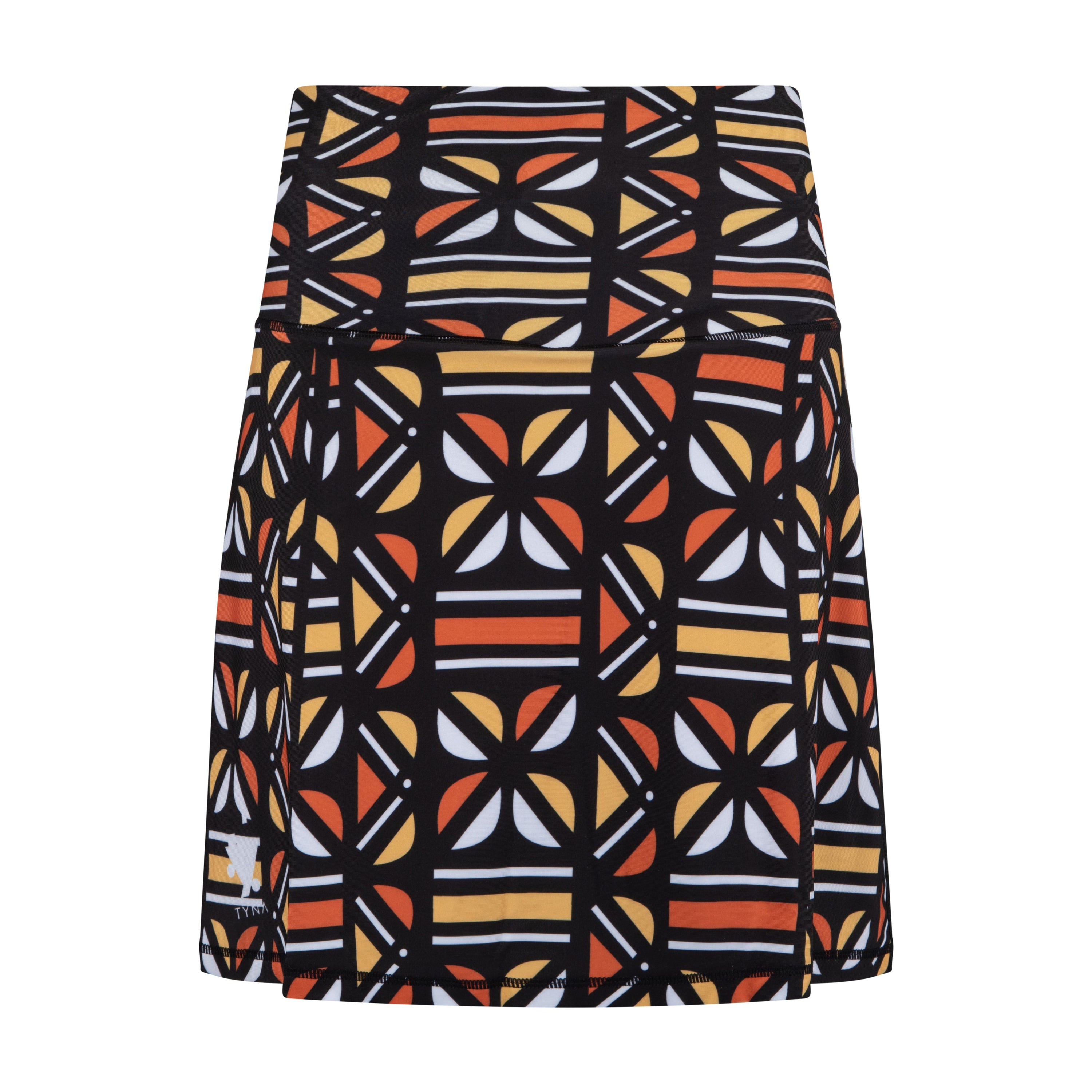 Batiq High Rise Tennis Skort featuring vibrant Batik print and compressive biker shorts underneath, designed for active lifestyles.