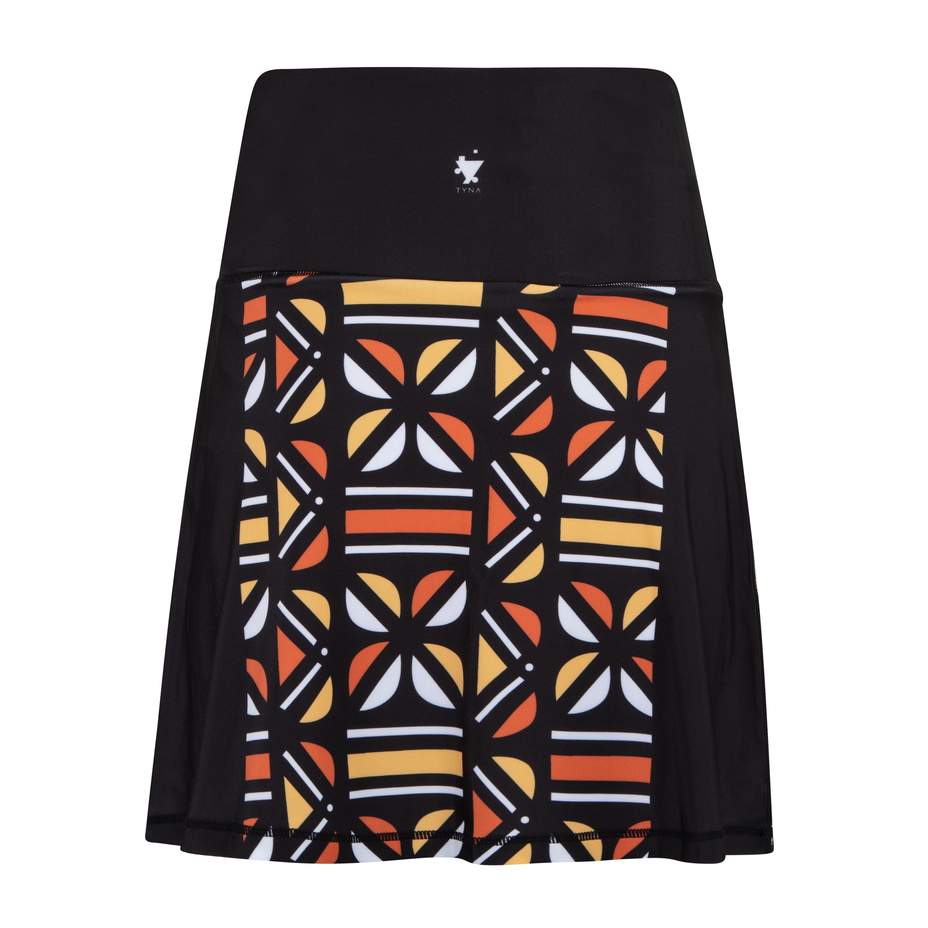 Batiq High Rise Tennis Skort featuring vibrant Batik print and compressive biker shorts underneath, designed for active lifestyles.