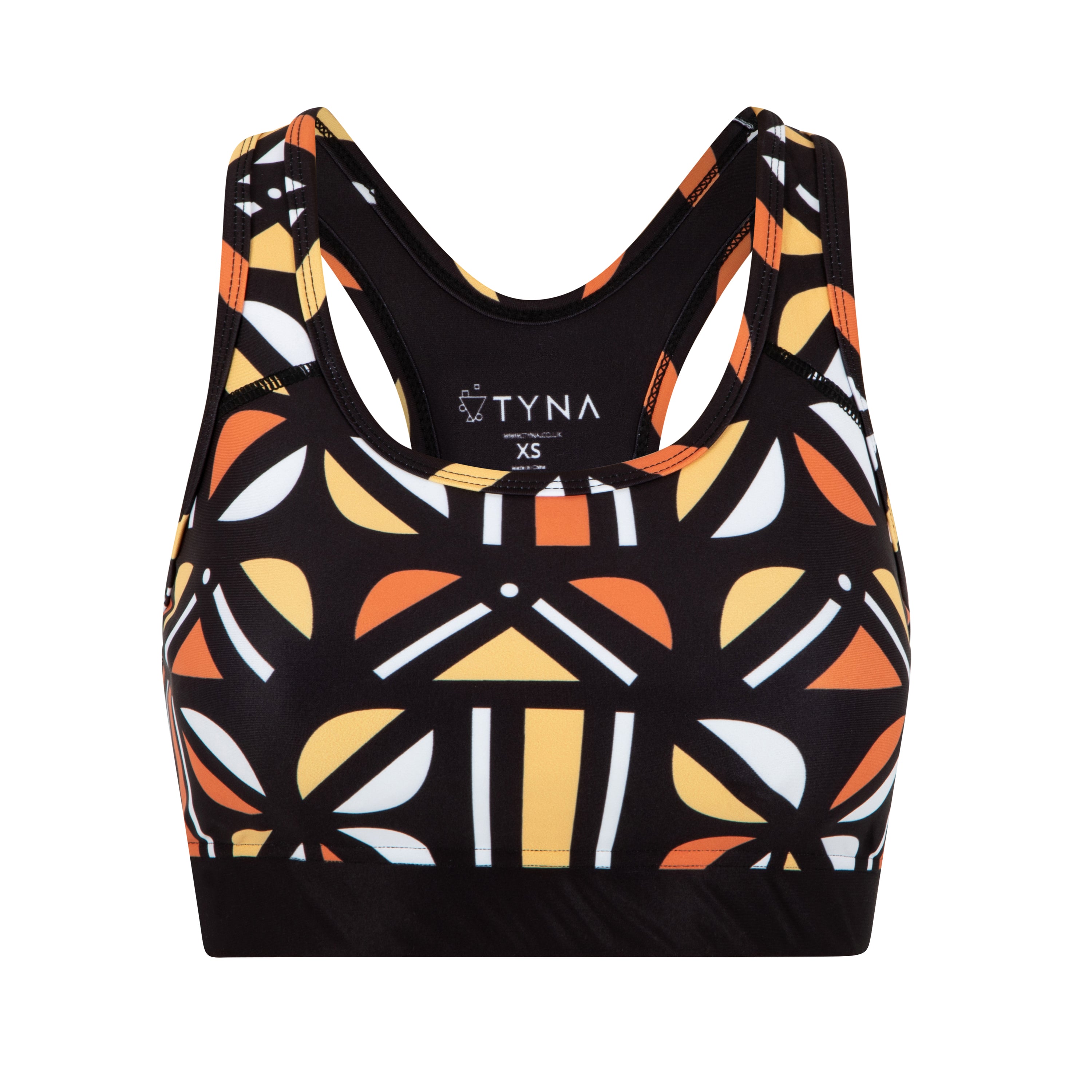 TYNA Batiq Sports Bra featuring intricate Indonesian Batik print and racer back design, perfect for medium support during workouts.