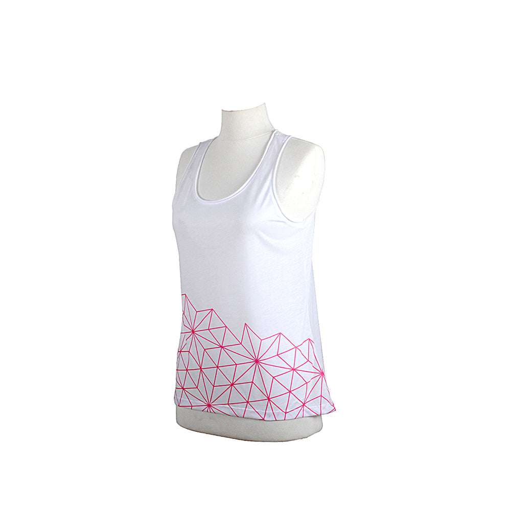 Biggyoga Aura Damen Sport T-Shirt in Weiß, L, mit rosa Aura-Muster und eleganter Passform, ideal für Yoga und Fitness.