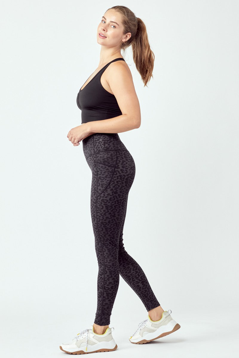 A pair of stylish black leopard leggings featuring a high waist and flat seams, perfect for workouts and casual wear.