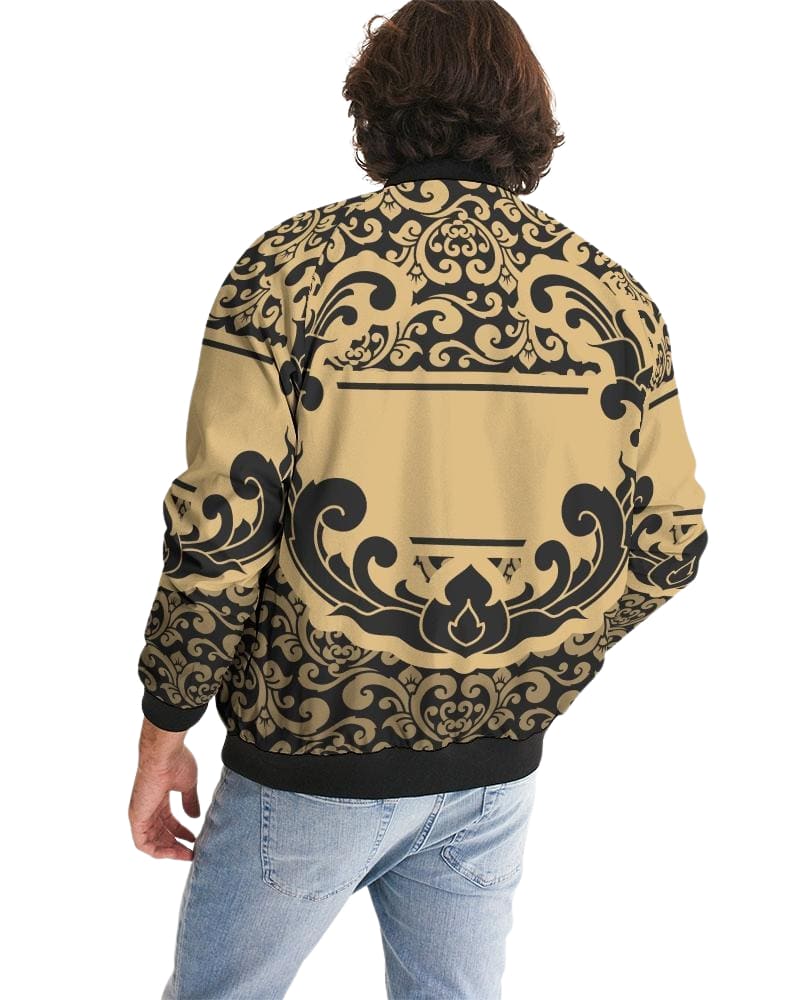 Men's bomber jacket featuring a black and beige vintage pattern, designed for casual and business wear with a relaxed fit and zipper closure.