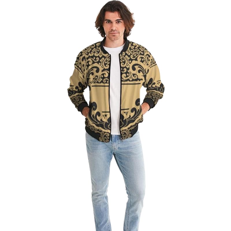 Men's bomber jacket featuring a black and beige vintage pattern, designed for casual and business wear with a relaxed fit and zipper closure.