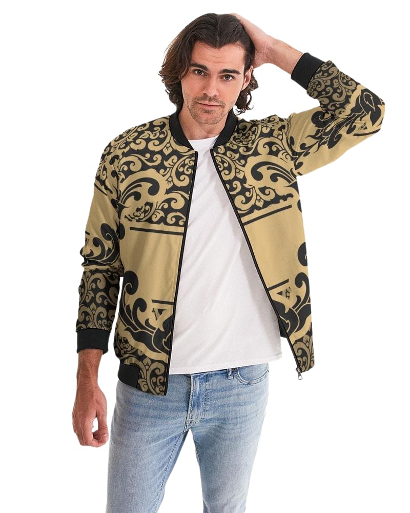 Men's bomber jacket featuring a black and beige vintage pattern, designed for casual and business wear with a relaxed fit and zipper closure.