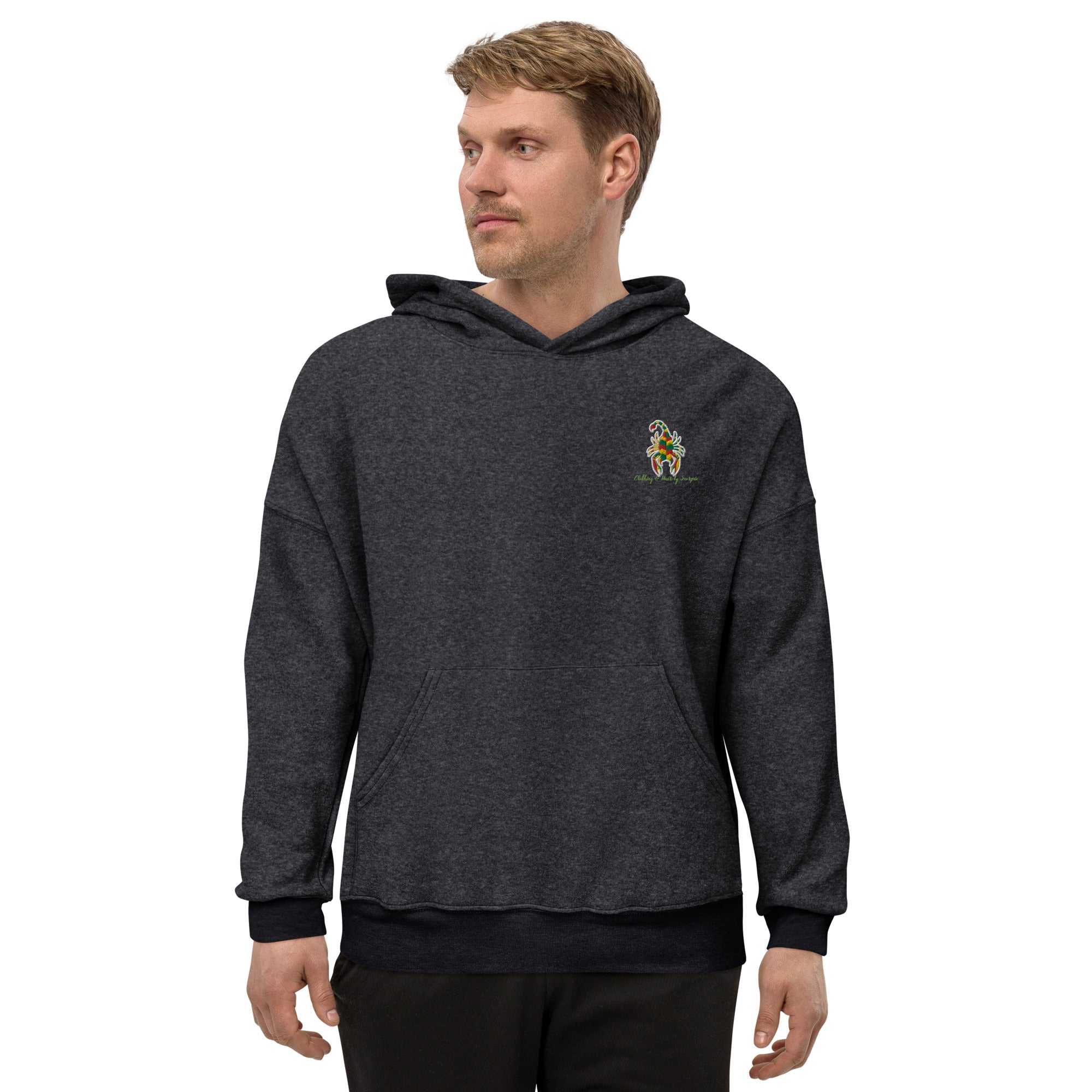 A soft and comfortable CHBS unisex sueded fleece hoodie in a casual style, featuring a front pouch pocket and dropped shoulder design.