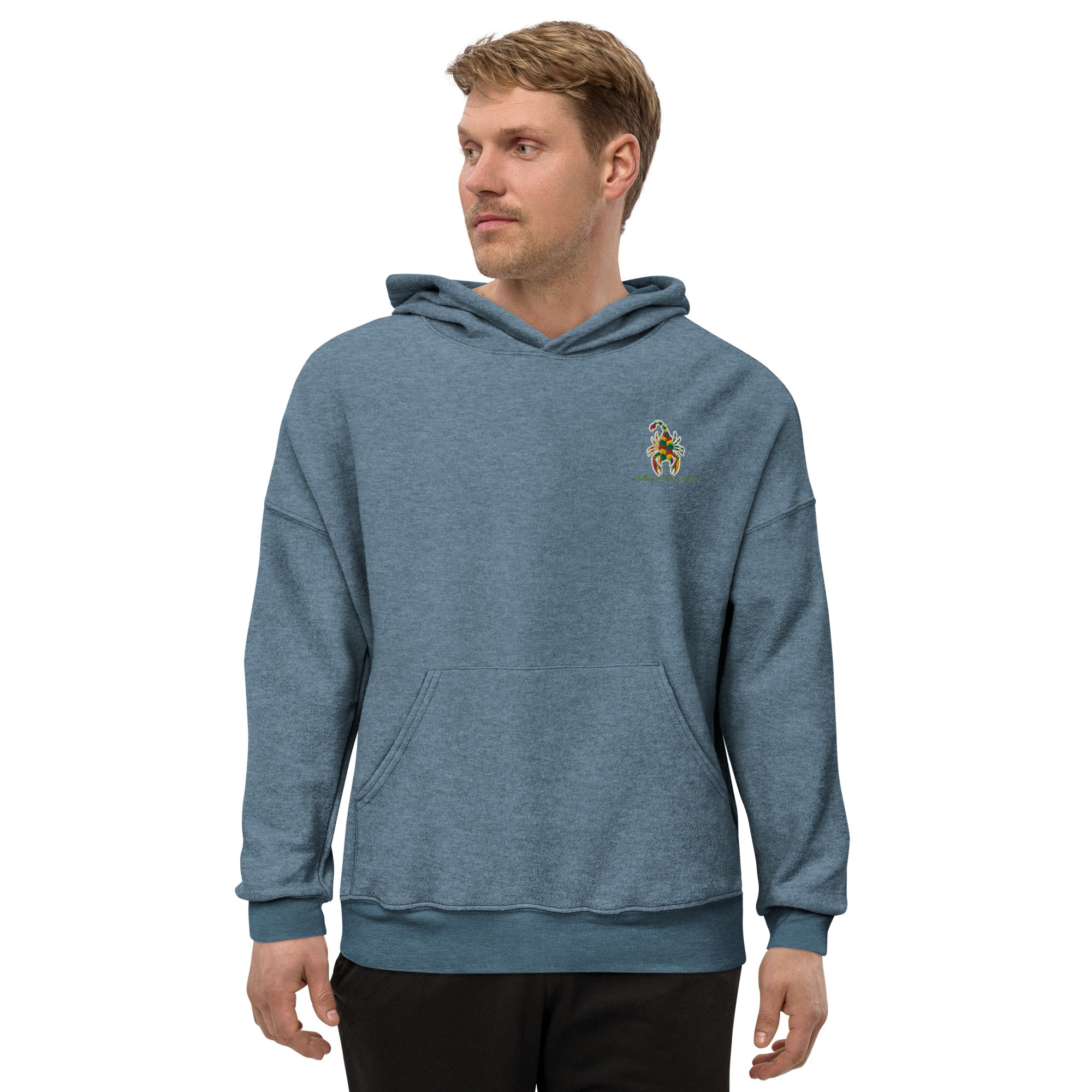 A soft and comfortable CHBS unisex sueded fleece hoodie in a casual style, featuring a front pouch pocket and dropped shoulder design.