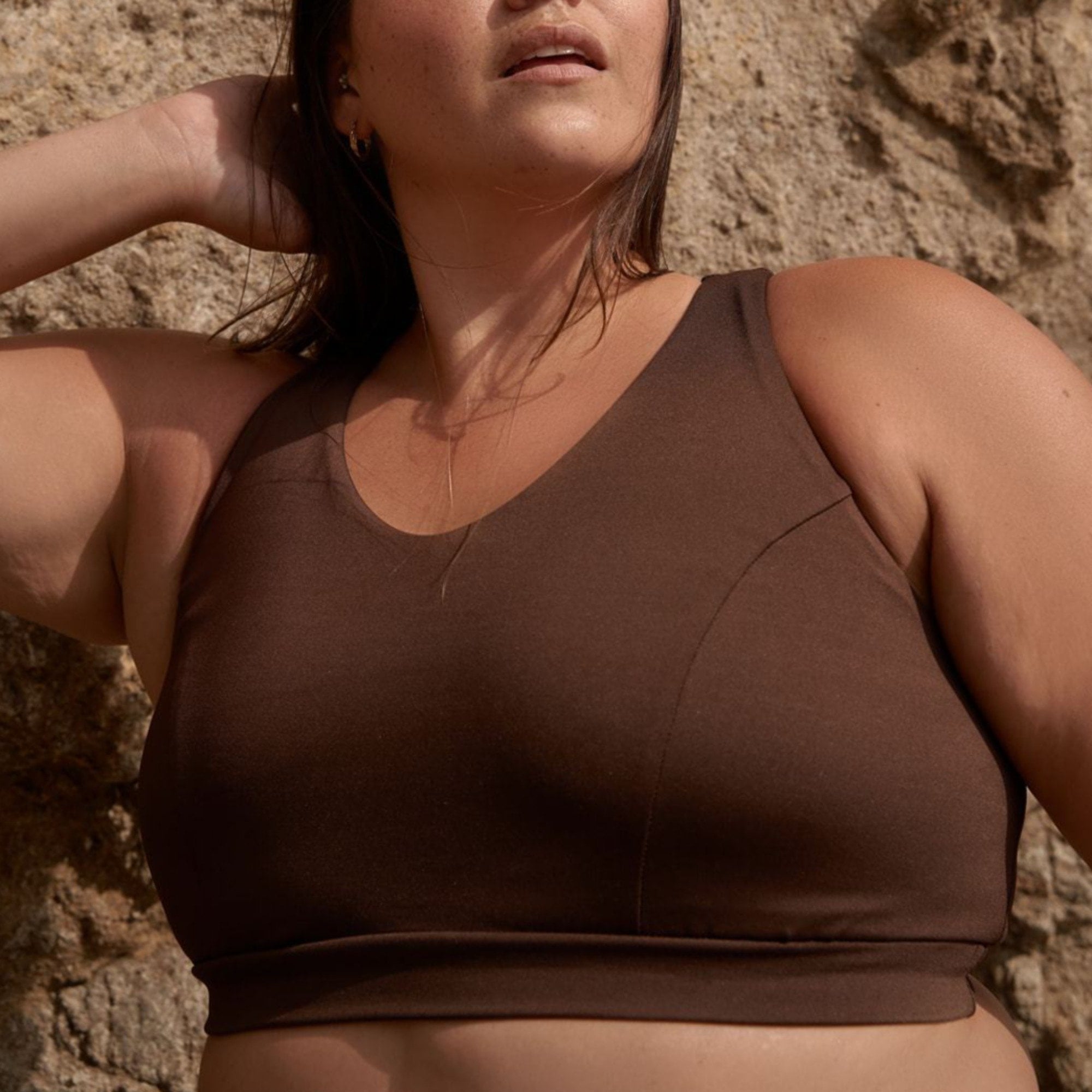 Classic Performance Bra Top in Bark Solid Shimmer, showcasing its stylish design and supportive features.