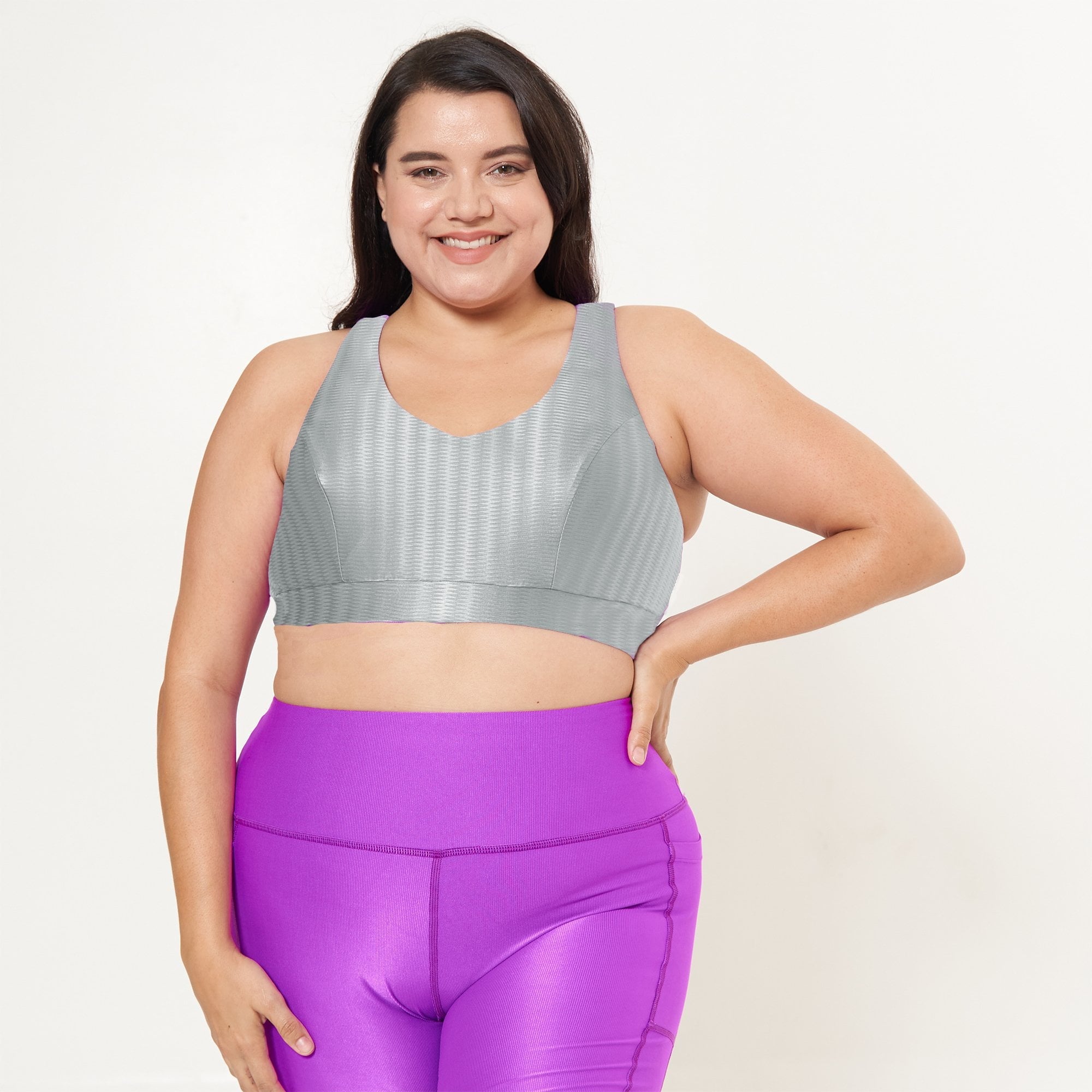 Classic Performance Bra Top in Dove Grey with Zap Pattern, showcasing its stylish design and supportive fit.