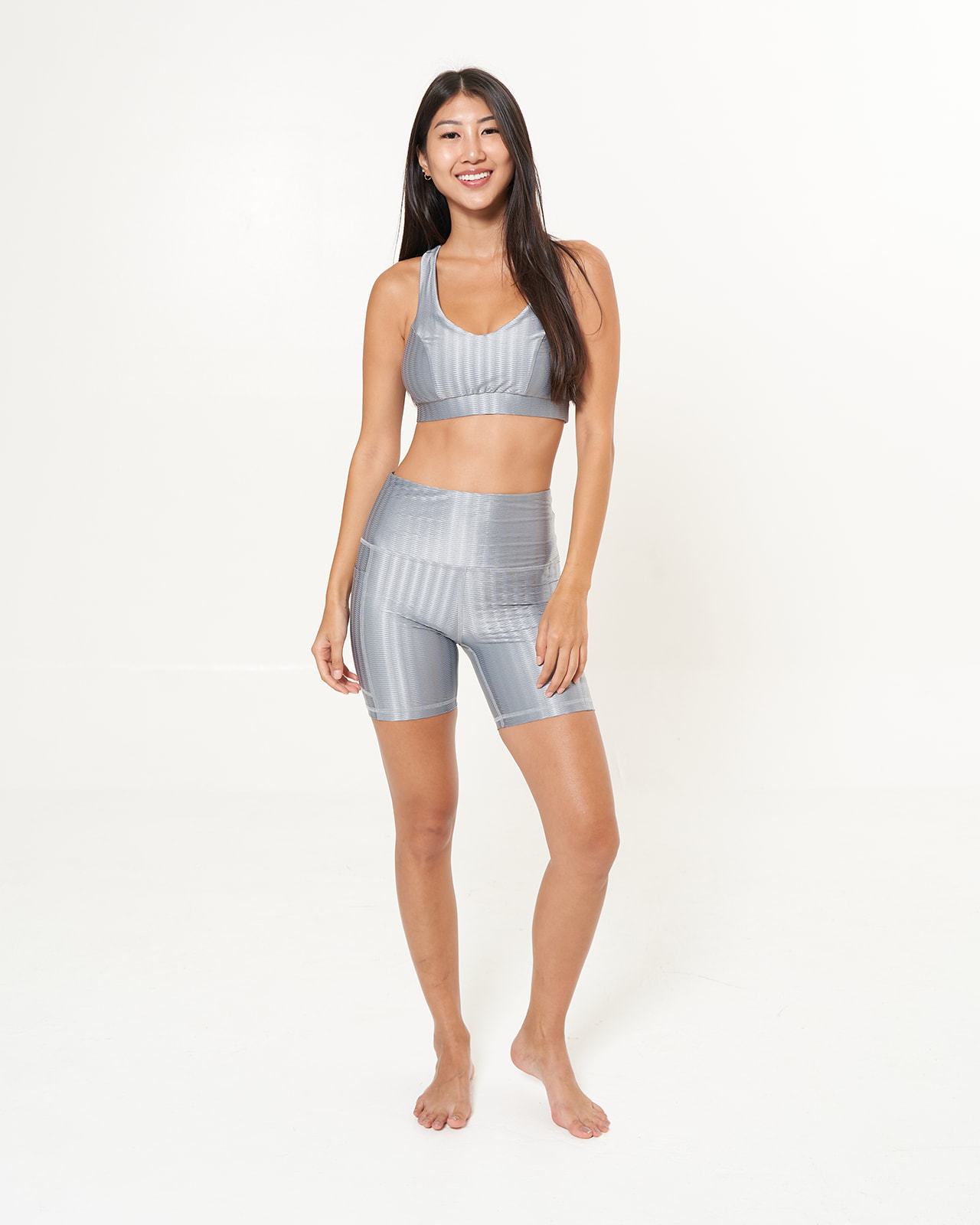 Classic Performance Bra Top in Dove Grey with Zap Pattern, showcasing its stylish design and supportive fit.