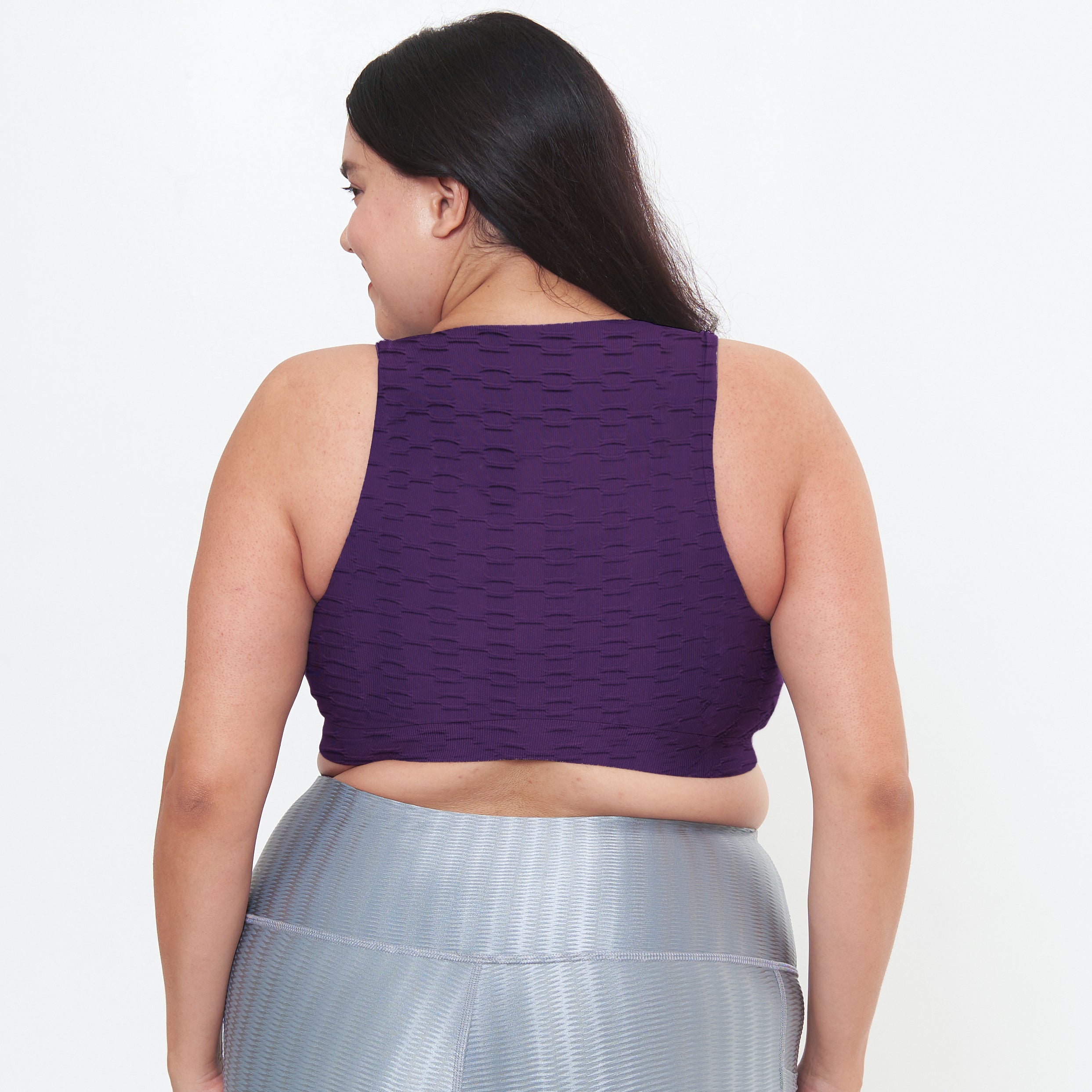 Classic Performance Bra Top in Eggplant Links Pattern, featuring a stylish design and moisture-wicking fabric for ultimate comfort.