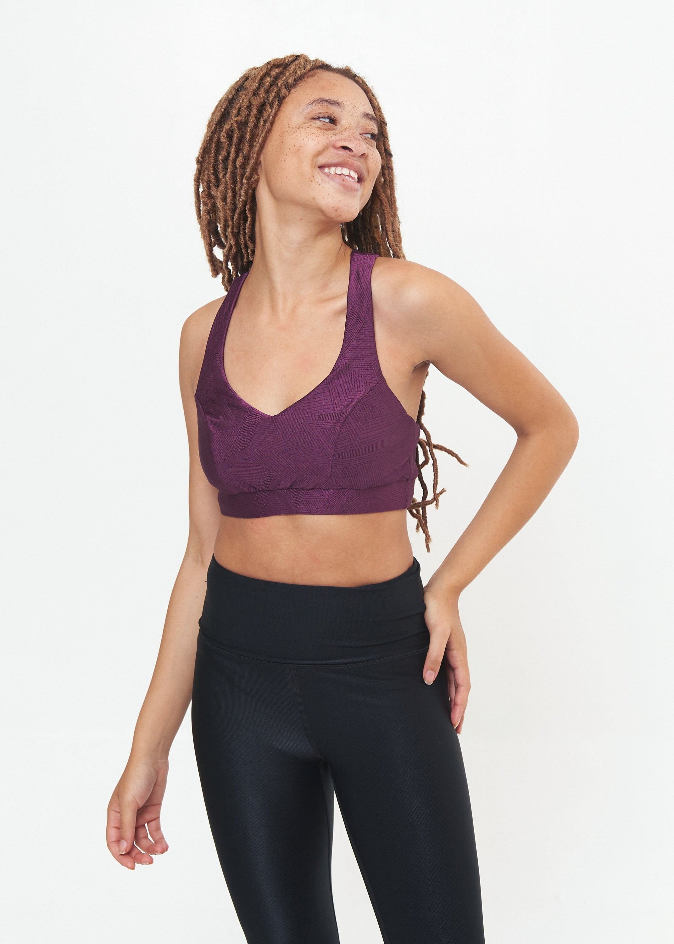 Classic Performance Bra Top in Sangria Geo Pattern, featuring a stylish design and supportive fit for active wear.