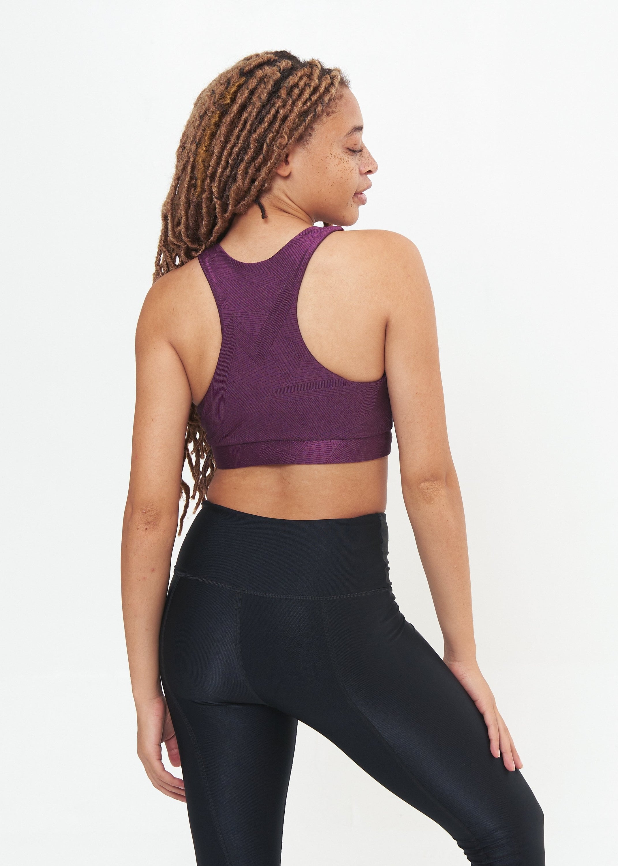 Classic Performance Bra Top in Sangria Geo Pattern, featuring a stylish design and supportive fit for active wear.