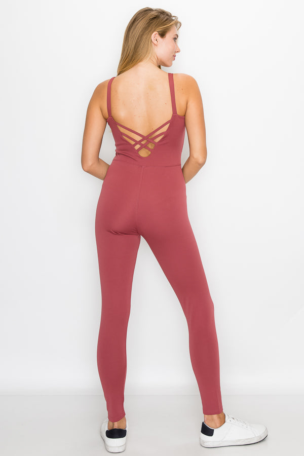 A stylish Cross Back Bodysuit featuring a round neckline and cross back design, made from breathable fabric for outdoor activities.