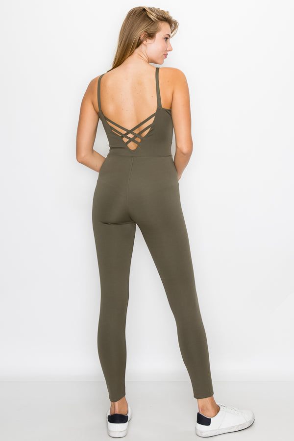 A stylish Cross Back Bodysuit featuring a round neckline and cross back design, made from breathable fabric for outdoor activities.