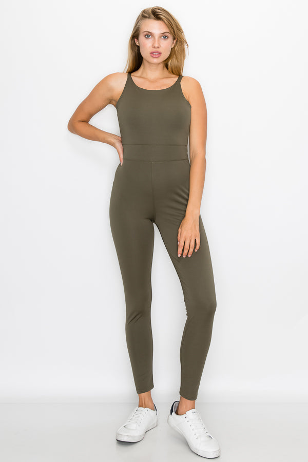 A stylish Cross Back Bodysuit featuring a round neckline and cross back design, made from breathable fabric for outdoor activities.