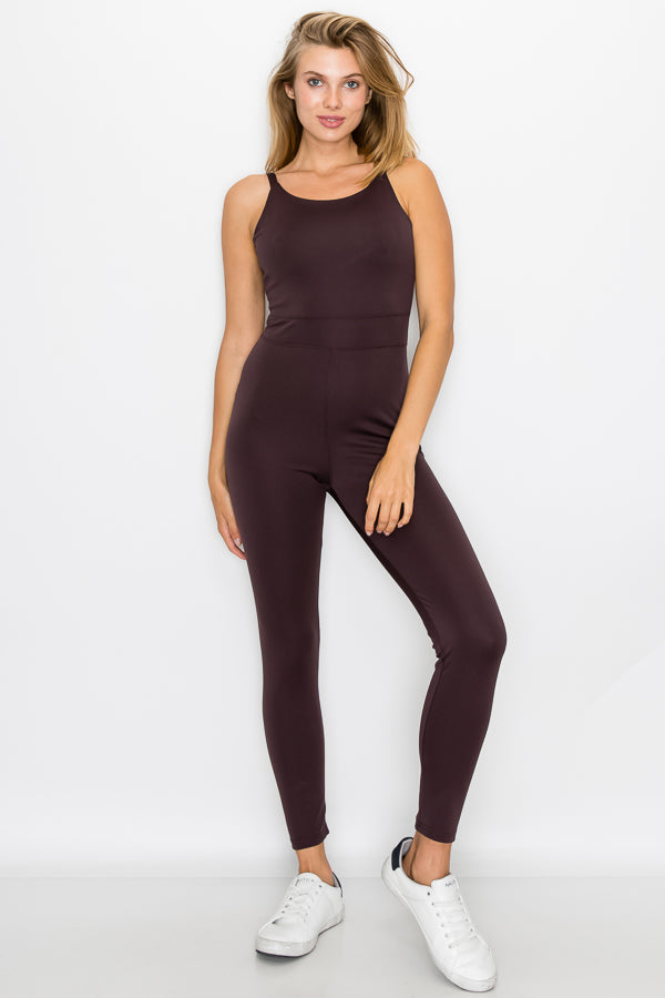 A stylish Cross Back Bodysuit featuring a round neckline and cross back design, made from breathable fabric for outdoor activities.