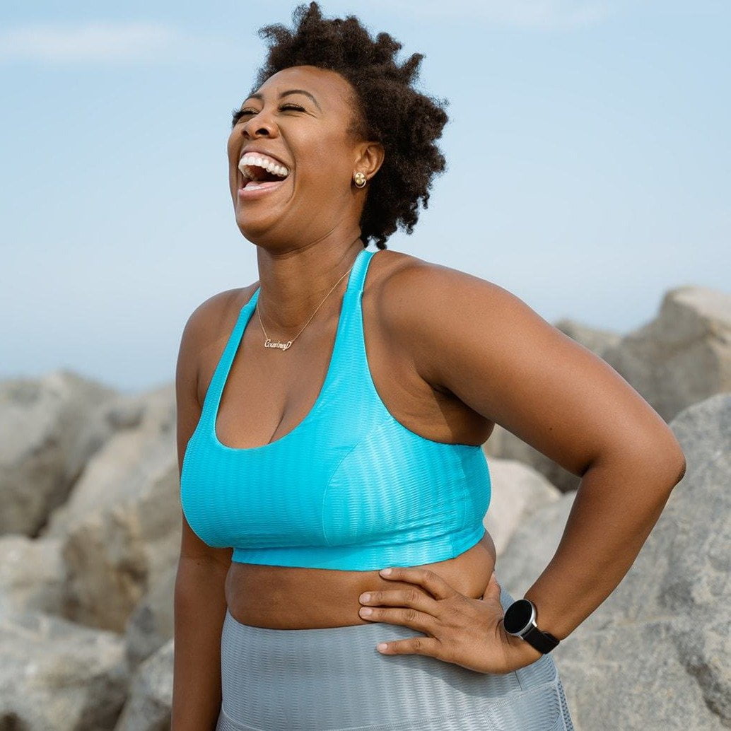 Cross Back Performance Bra Top in Blue Sky Zap Pattern, featuring double-layered design and wide cross-back straps for support.