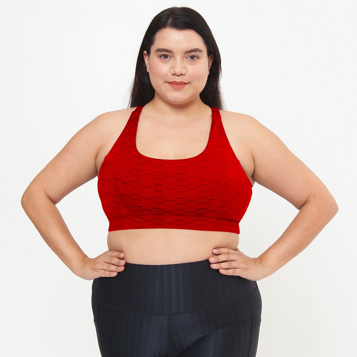 Cross Back Performance Bra Top in Cherry Pie Links Pattern, featuring double-layered design and wide cross-back straps for support and comfort.