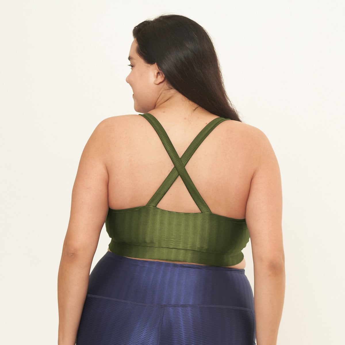 Cross Back Performance Bra Top in Chive Zap color, featuring double-layered scoop neck and wide cross-back straps for support.