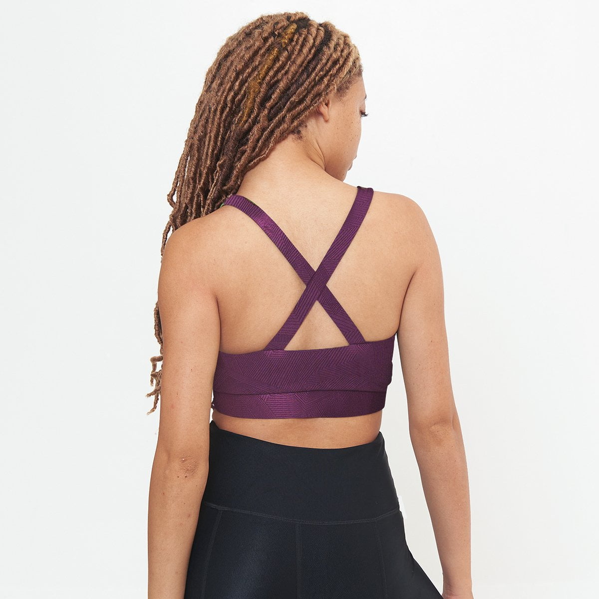 Cross Back Performance Bra Top in Sangria Geo Pattern, featuring double-layered construction and wide cross-back straps for support.