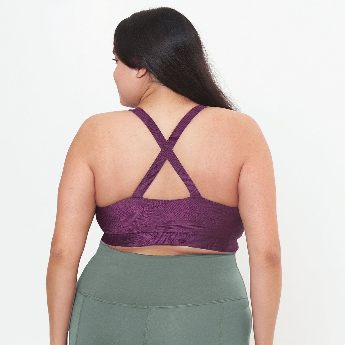 Cross Back Performance Bra Top in Sangria Geo Pattern, featuring double-layered construction and wide cross-back straps for support.