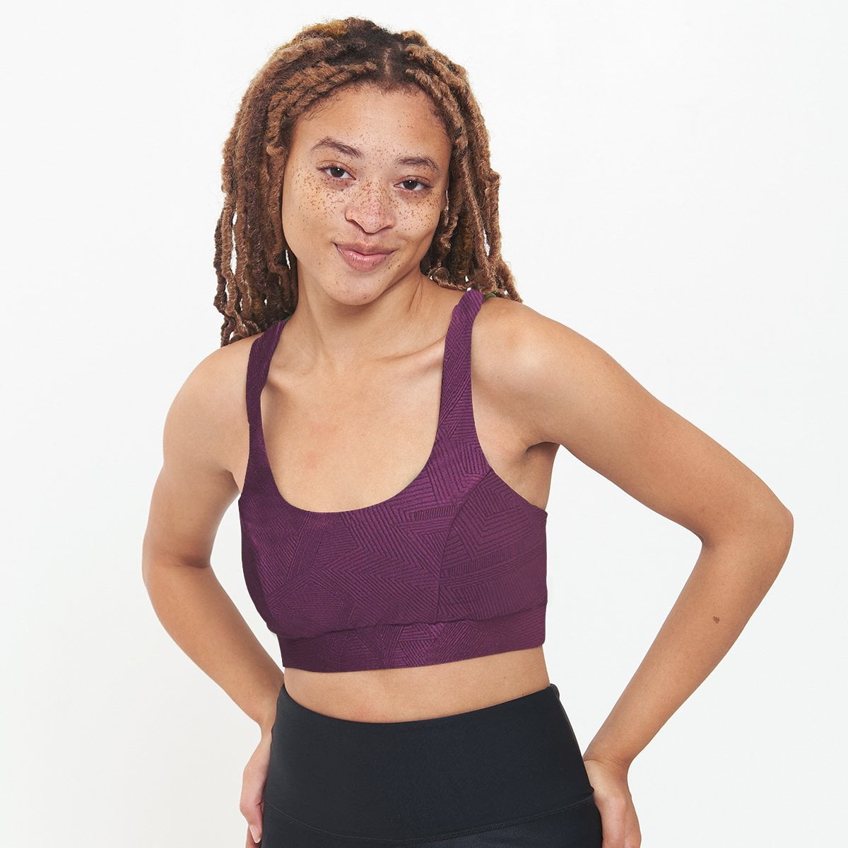 Cross Back Performance Bra Top in Sangria Geo Pattern, featuring double-layered construction and wide cross-back straps for support.