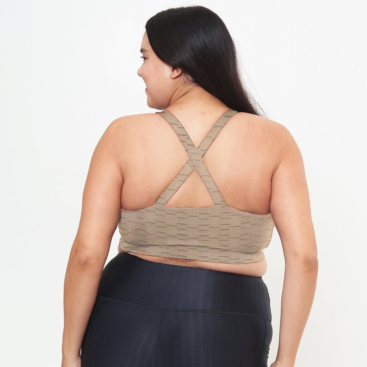 Cross Back Performance Bra Top in Simply Taupe Links Pattern, featuring double-layered construction and wide cross-back straps for support.