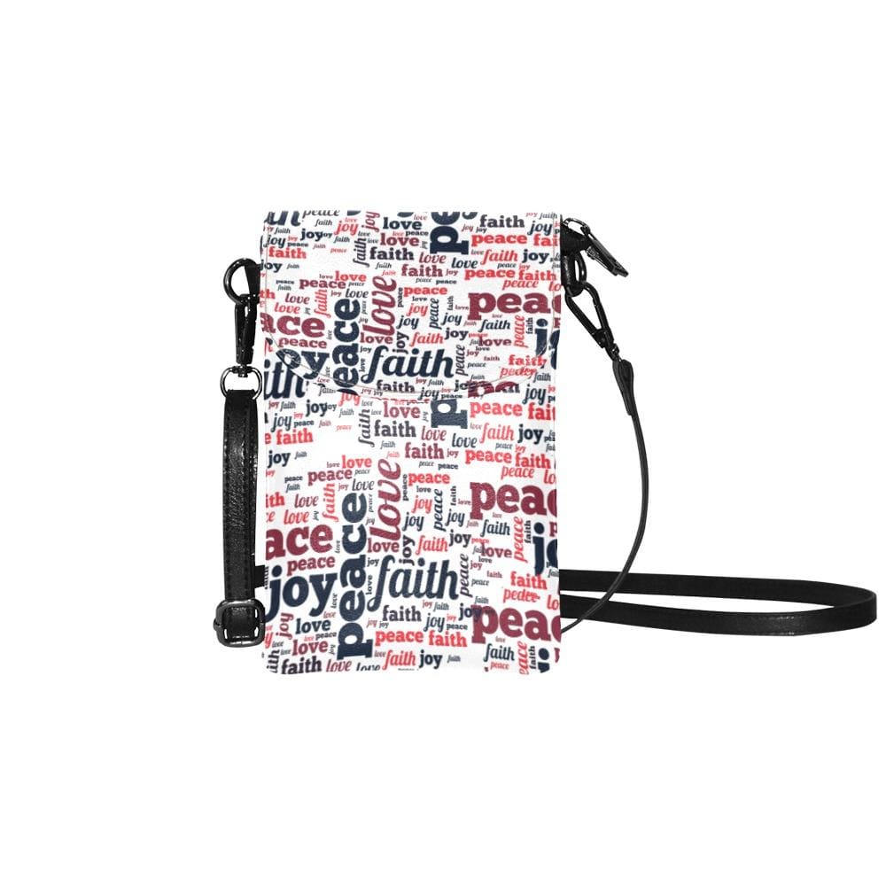 Crossbody Cell Phone Purse in white with multicolor Peace Love Faith Hope design, featuring adjustable strap and multiple compartments.