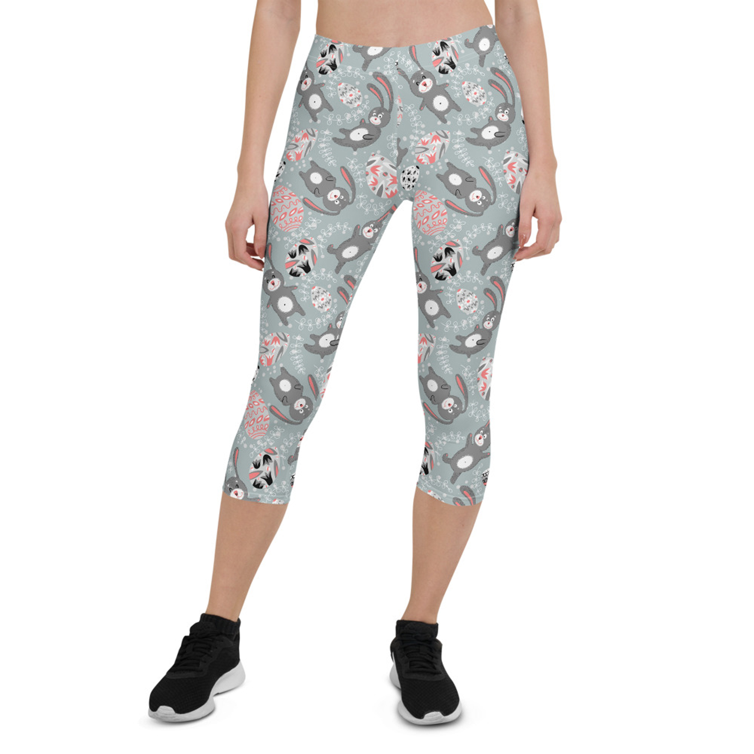 Cute Easter Bunny Capri Leggings for Women featuring vibrant colors and unique design, perfect for workouts and casual wear.