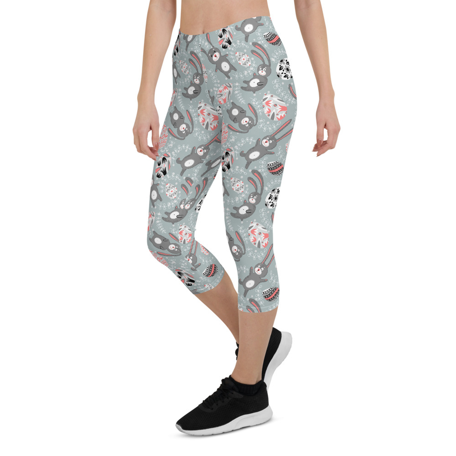 Cute Easter Bunny Capri Leggings for Women featuring vibrant colors and unique design, perfect for workouts and casual wear.